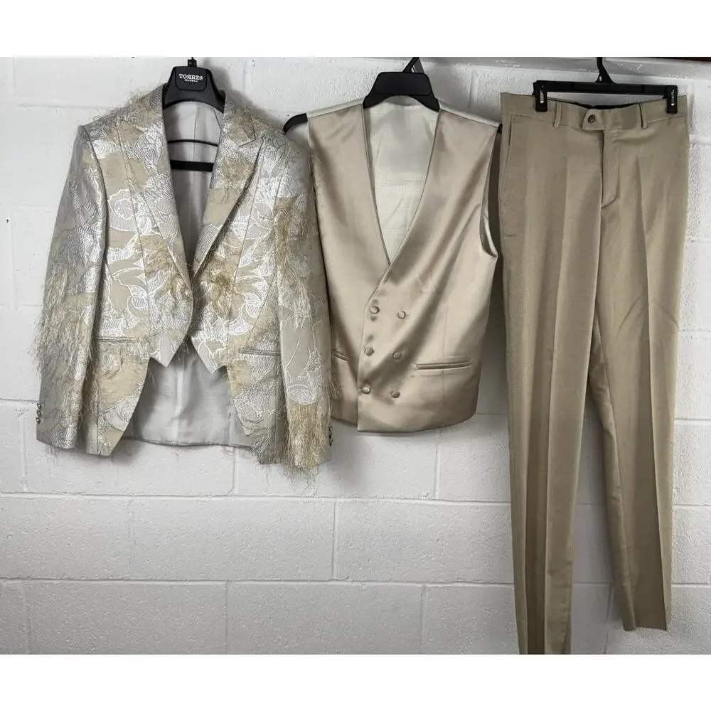 Torres Mens Tuxedo Suit 40 US 50 EU Beige Floral Borcade Tasseled 3pcs Set t12